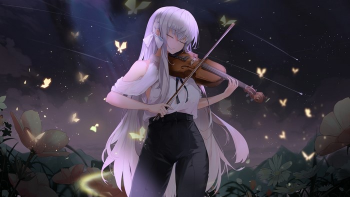 Anime girl with silver hair playing violin at night
