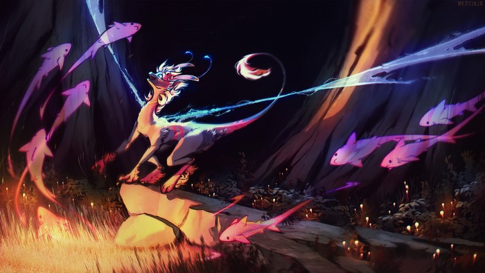 Creature with glowing fish in a dark forest
