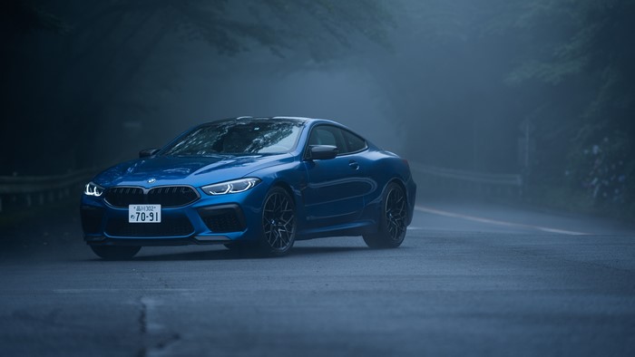 4K Blue BMW M8 Coupe on a Misty Forest Road