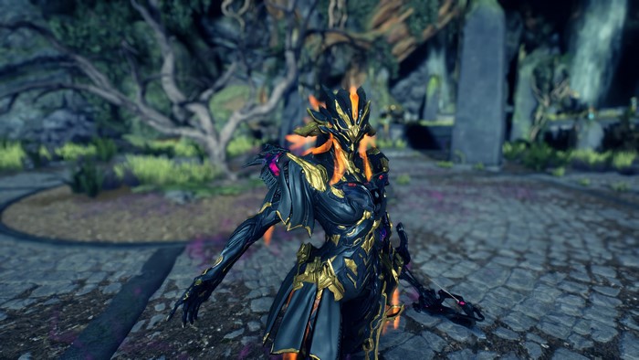 Ivara from Warframe in a dark, ornate armor