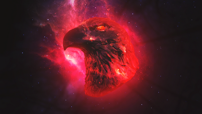 Red polygonal eagle head in nebula