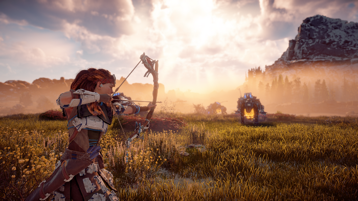Aloy from Horizon Zero Dawn aiming a bow