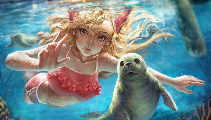 Anime girl swimming with seals underwater