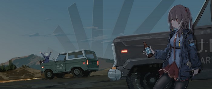 Anime girls with U.N. Marine vehicles in a desert landscape