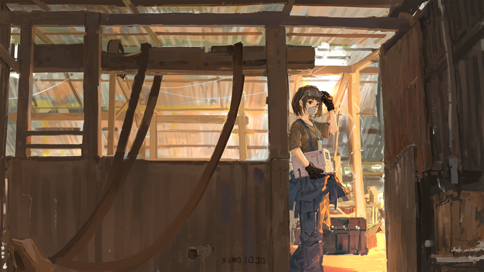Anime girl in a workshop