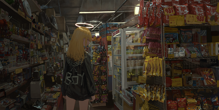Anime girl with halo in a convenience store
