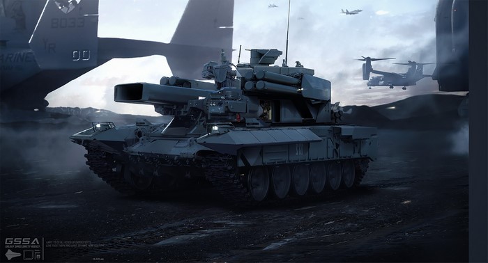 Sci-fi tank and military aircraft in a desolate landscape