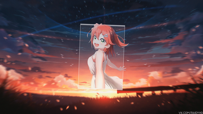 Anime girl in a white dress against a sunset