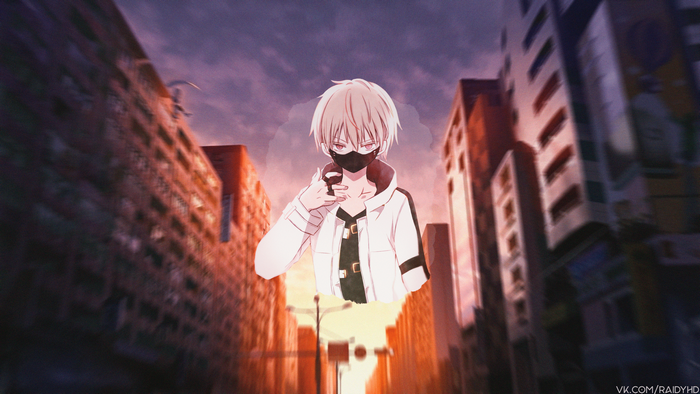 Anime boy with mask at sunset