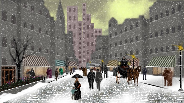 Artwork of a snowy winter street in New York City