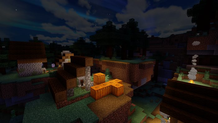 Minecraft village at night with aurora borealis