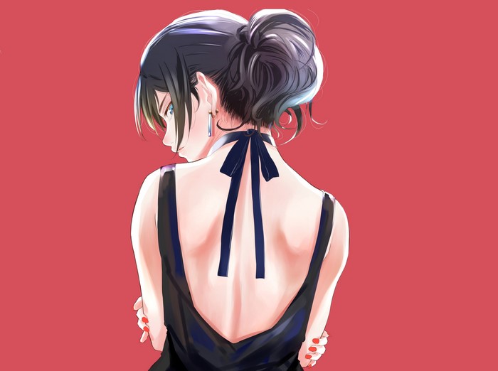 Anime girl with dark hair in a black dress
