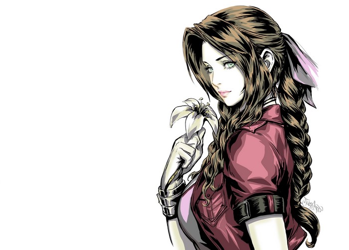 Aerith Gainsborough from Final Fantasy VII holding a flower