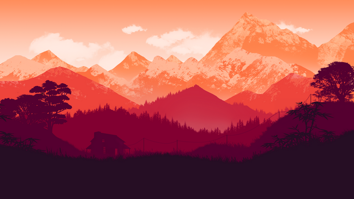 Digital artwork of mountains at dusk with a house and trees