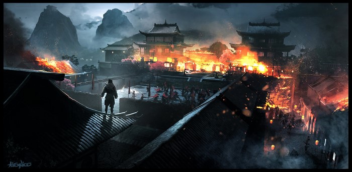 Artwork of a burning Japanese village with a lone figure