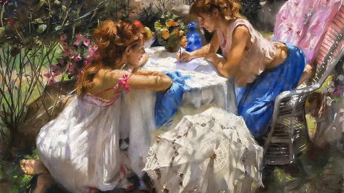 Two women at a table with flowers, painting by Vicente Romero Redondo