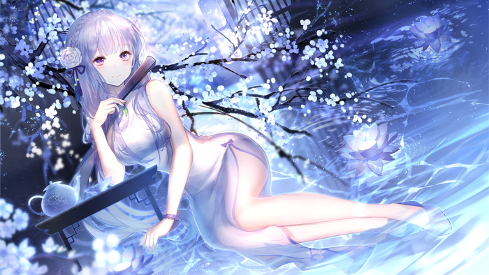 Yu Jiu in a white dress with flowers and water