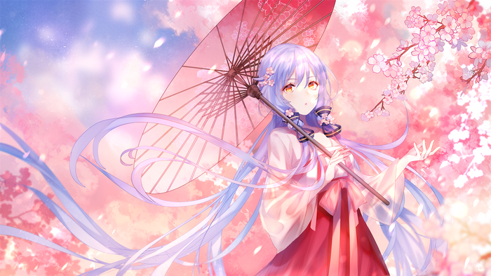 Stardust (Vocaloid) with umbrella among cherry blossoms