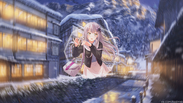 4K Anime Girl with Cat from BanG Dream! in Winter Town