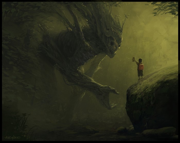 A child offers a teddy bear to a giant tree creature