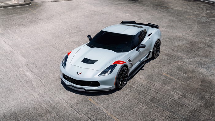 White Chevrolet Corvette GS with red accents