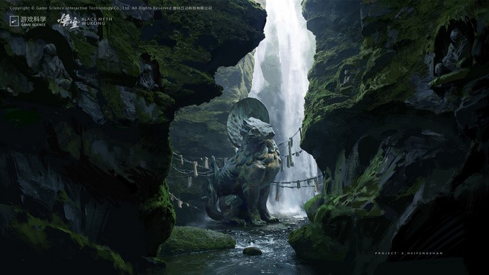Black Myth: Wukong concept art with sculpture and waterfall