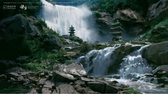 Black Myth: Wukong concept art with waterfalls and pagodas