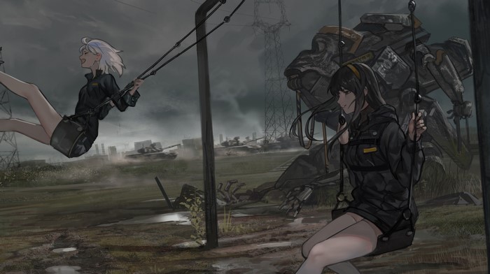 Anime girls on swings with robots and tanks