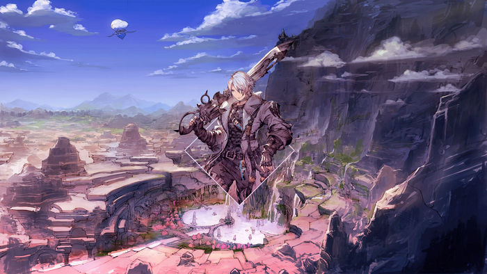 Character from Final Fantasy XIV with a large sword overlooking a city