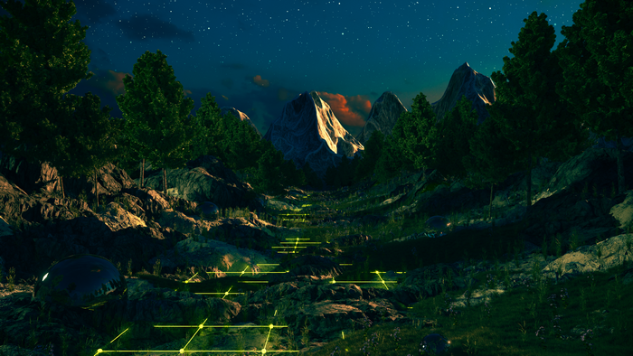 Retro style nature scene with mountains and trees