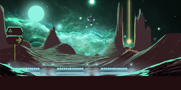 Alien planet landscape with nebula and spacecraft