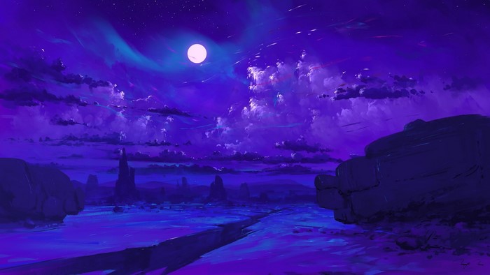 Digital art of a desert canyon at night with a full moon