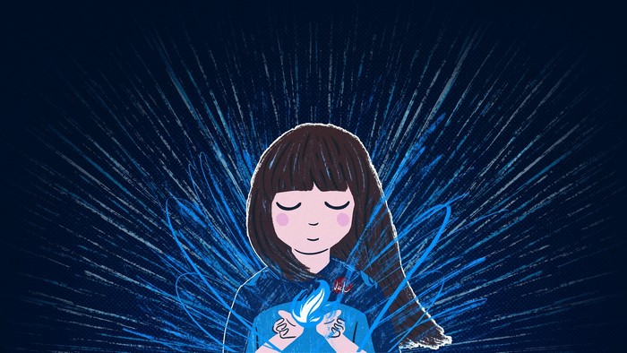 Girl holding blue flame with glowing background