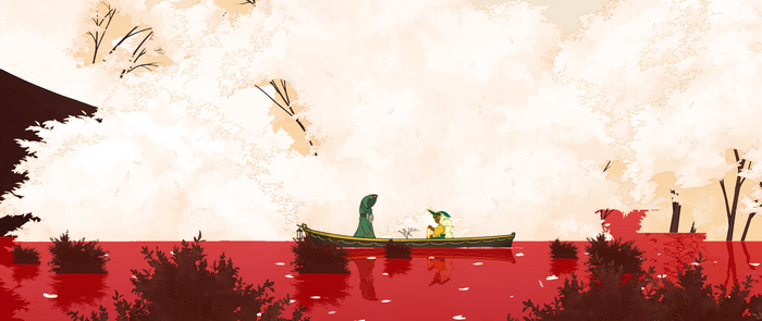 Two characters in a boat on red water, Spiritfarer