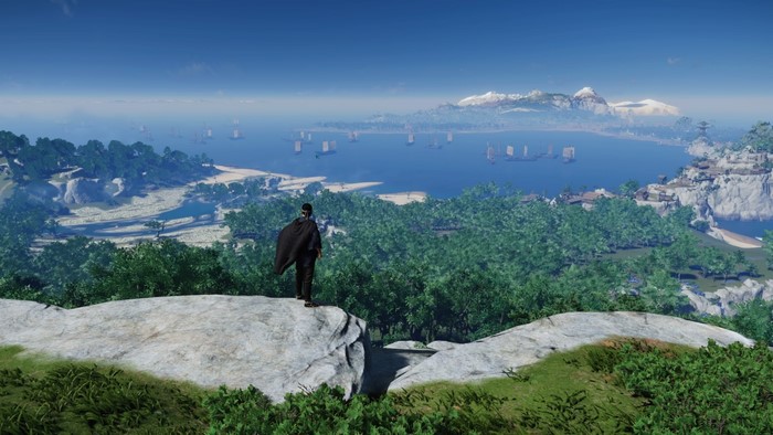 Jin Sakai overlooking a bay in Ghost of Tsushima