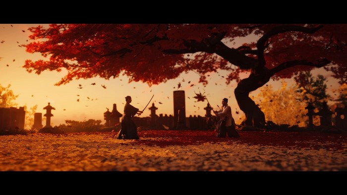 Two samurai dueling under a maple tree in Ghost of Tsushima