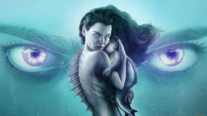 Mermaid holding a baby with large eyes in background