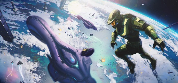 Master Chief in Halo battle above Earth