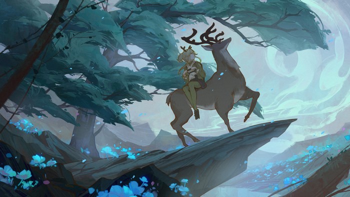 Firewatch from Arknights riding a deer in a forest