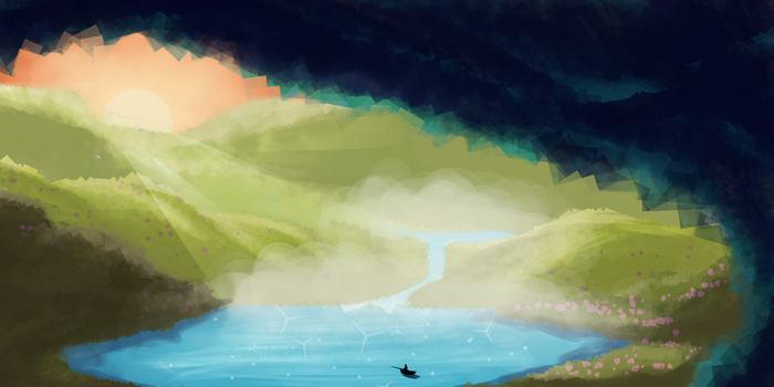 Landscape with lake and mountains at sunset