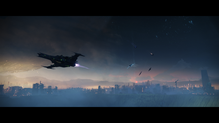 Spaceships flying over a futuristic city at dusk