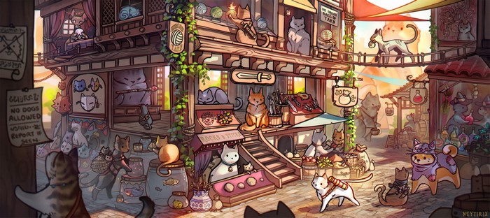 Cats in a fantasy village market with yarn and magic items