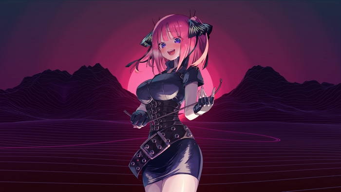 Nino Nakano in a black outfit with a whip