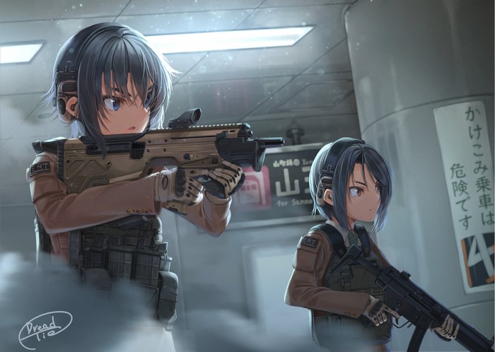 Two anime girls with guns in a station