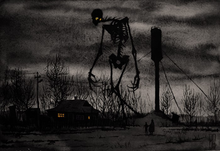 Giant Skeleton Monster Overlooking a Village at Night