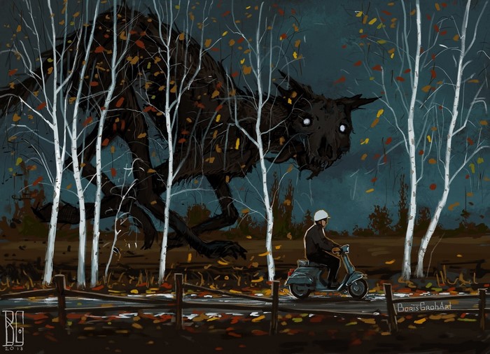 Boris Groh's creature and man on a scooter in autumn