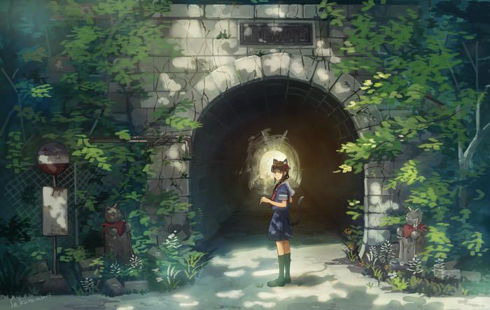 Girl with cat ears and tail in a sailor uniform in a tunnel
