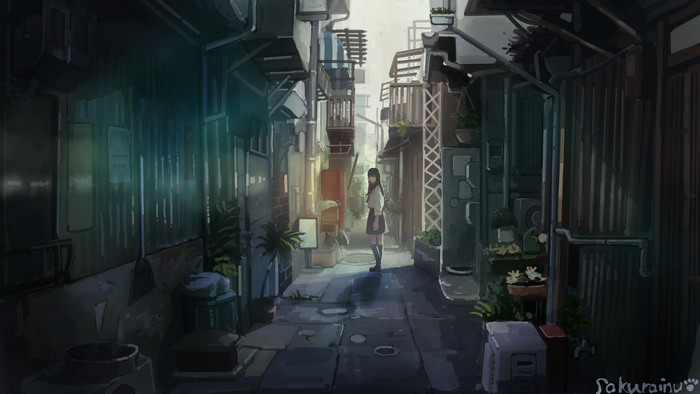 Anime girl in sailor uniform in an alleyway