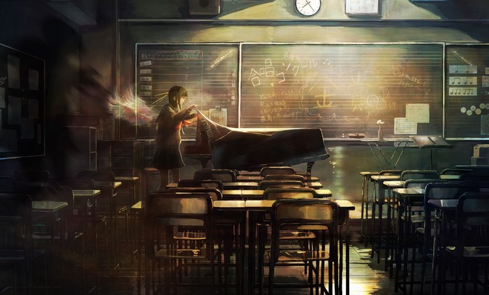 Girl covering a piano in a classroom