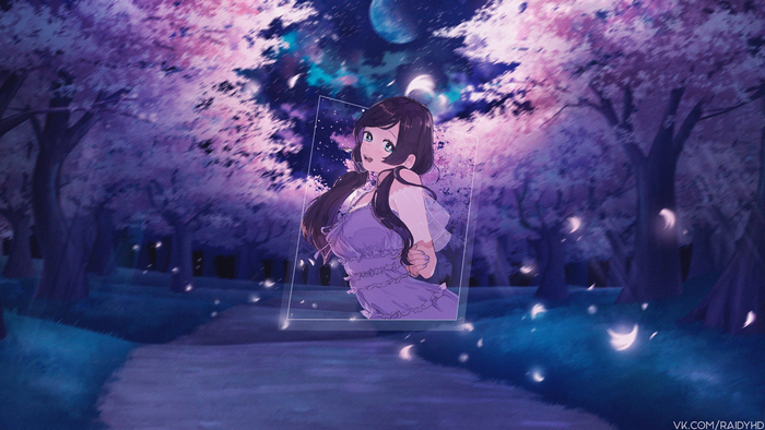 Anime girl in a purple dress under cherry blossoms